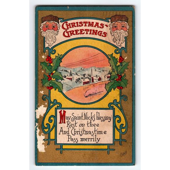 Vintage 1910 Christmas Greetings Santa Claus Holiday Postcard - Picture 1 of 2